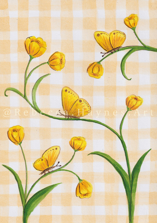 Yellow Gingham Butterflies - Print
