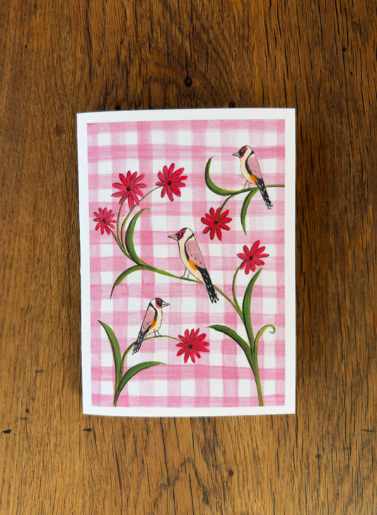 Red Gingham Goldfinch - Card