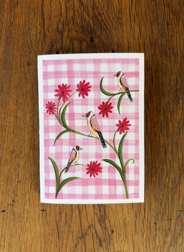 Red Gingham Goldfinch - Card