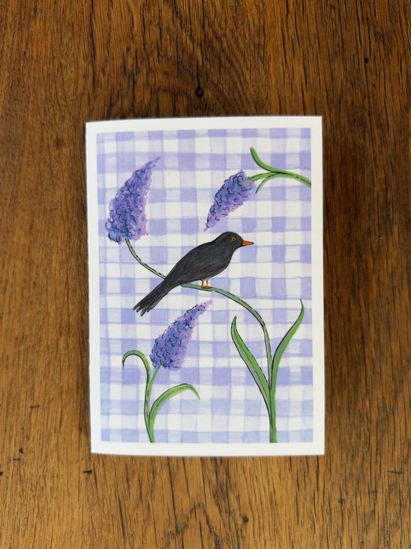 Purple Gingham Blackbird - Card