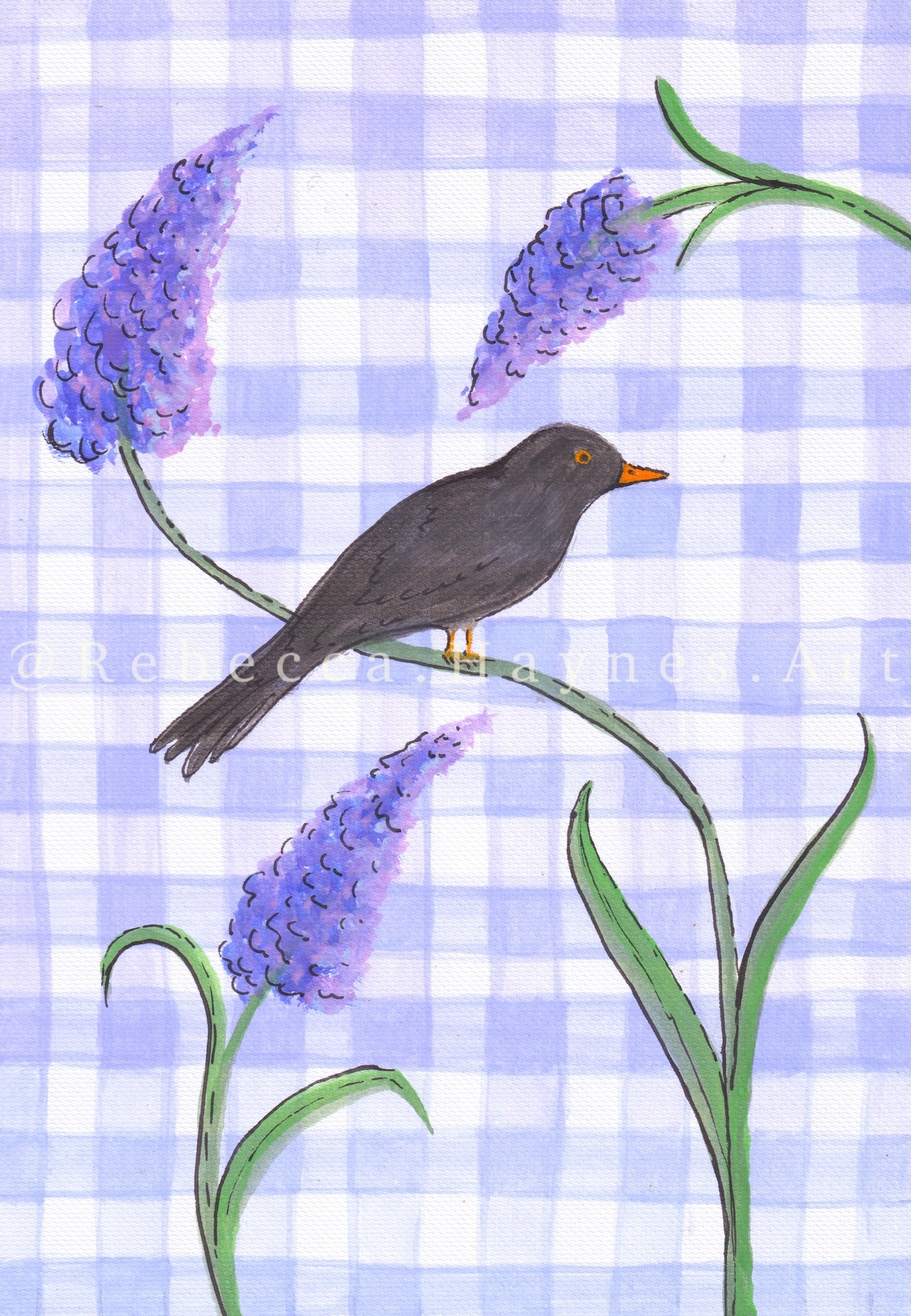 Purple Gingham Blackbird - Print